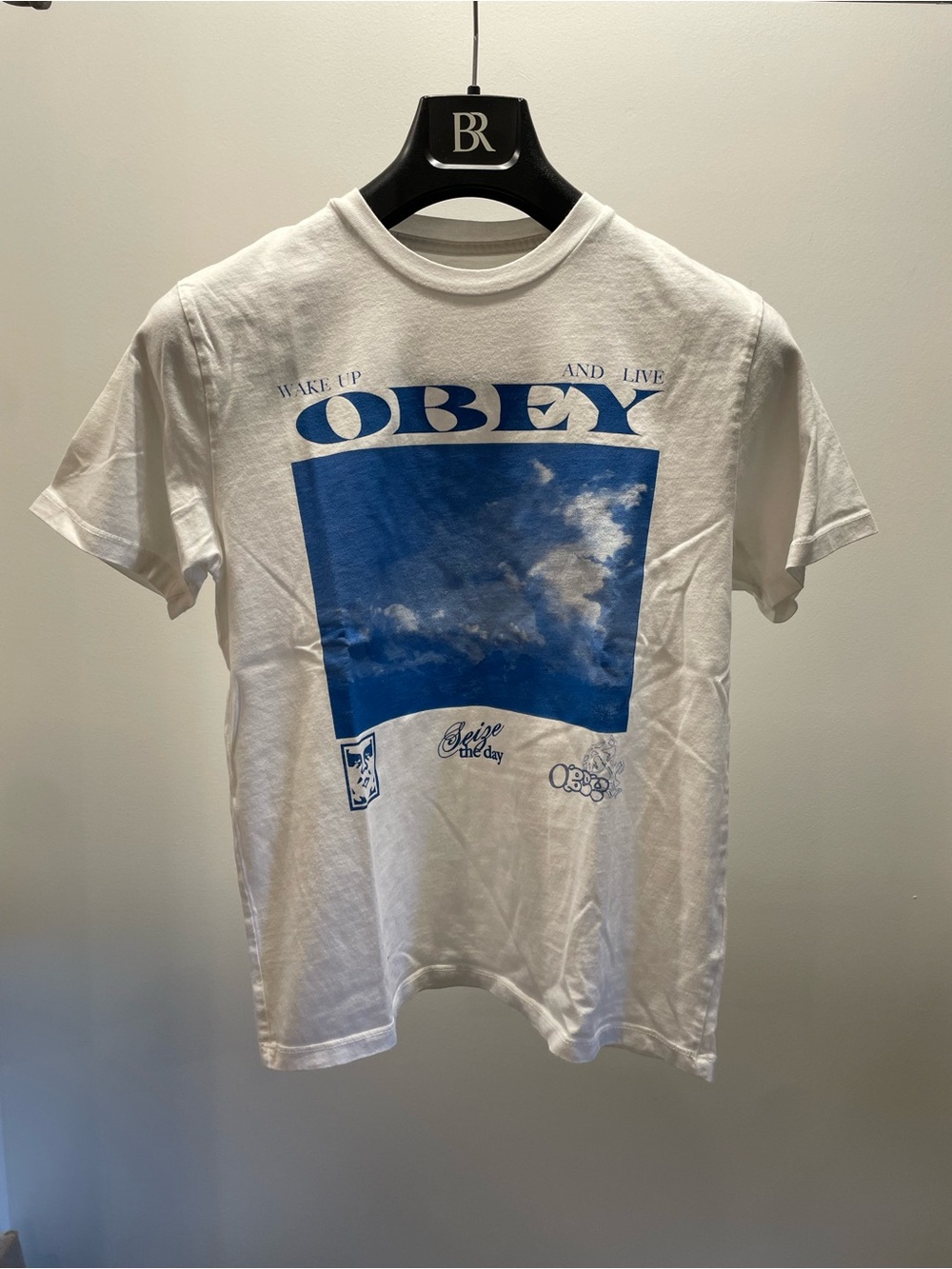 Obey Women's boxy White Graphic T-Shirt with Blue Print